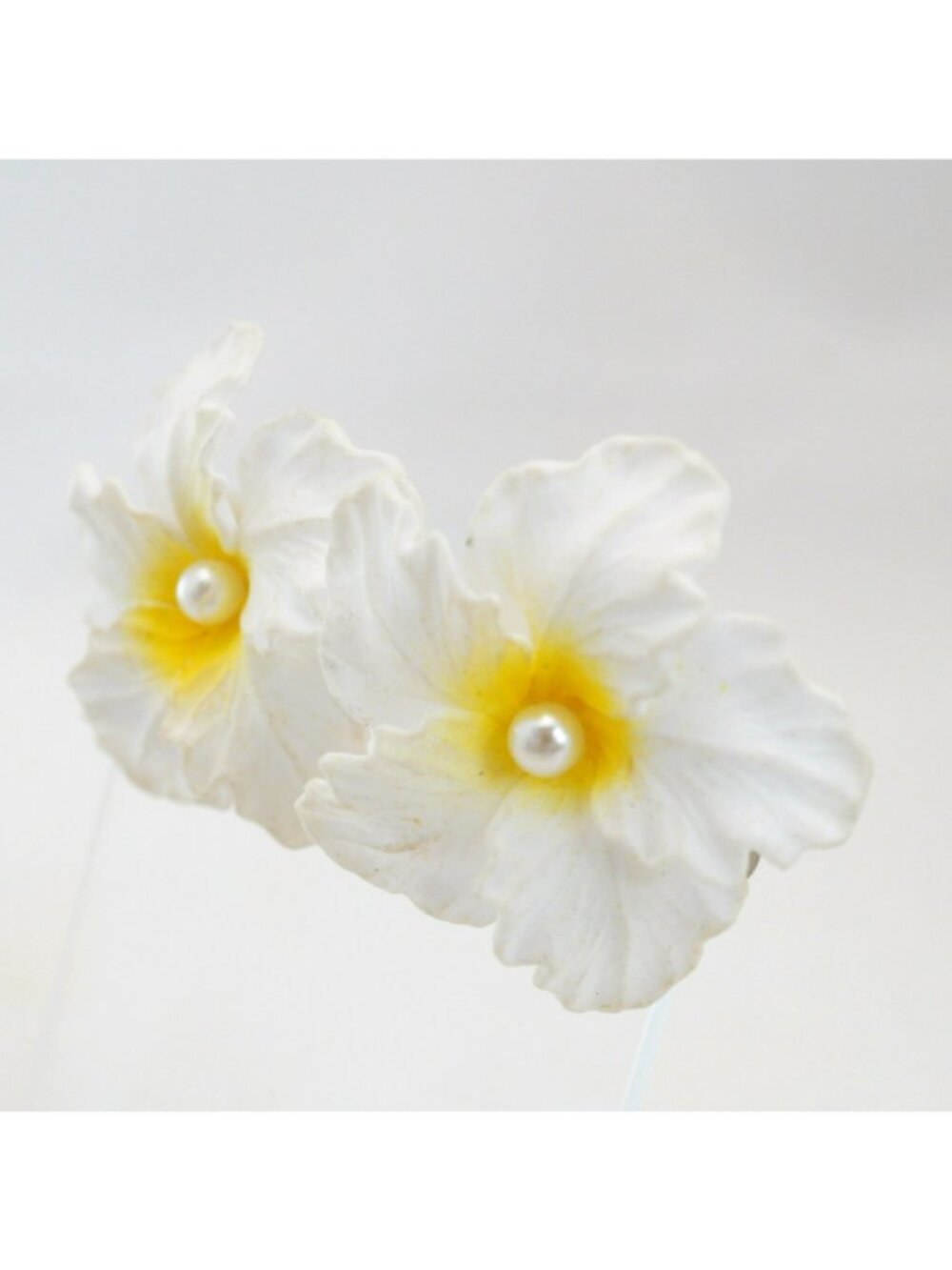 Vintage Hibiscus Flower Clip On Earrings Western Germany Celluloid Faux Pearl - Picture 2 of 6